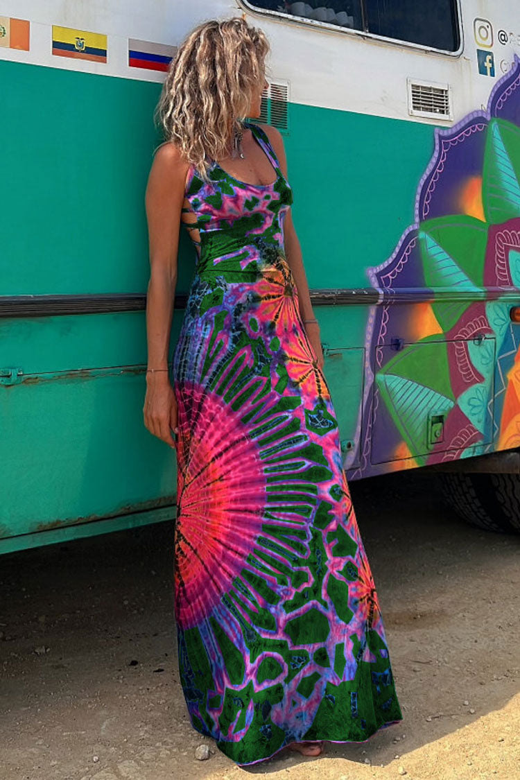 Boho Tie Dye Print Scoop Neck Strappy Cross Back Vacation Maxi Sundress