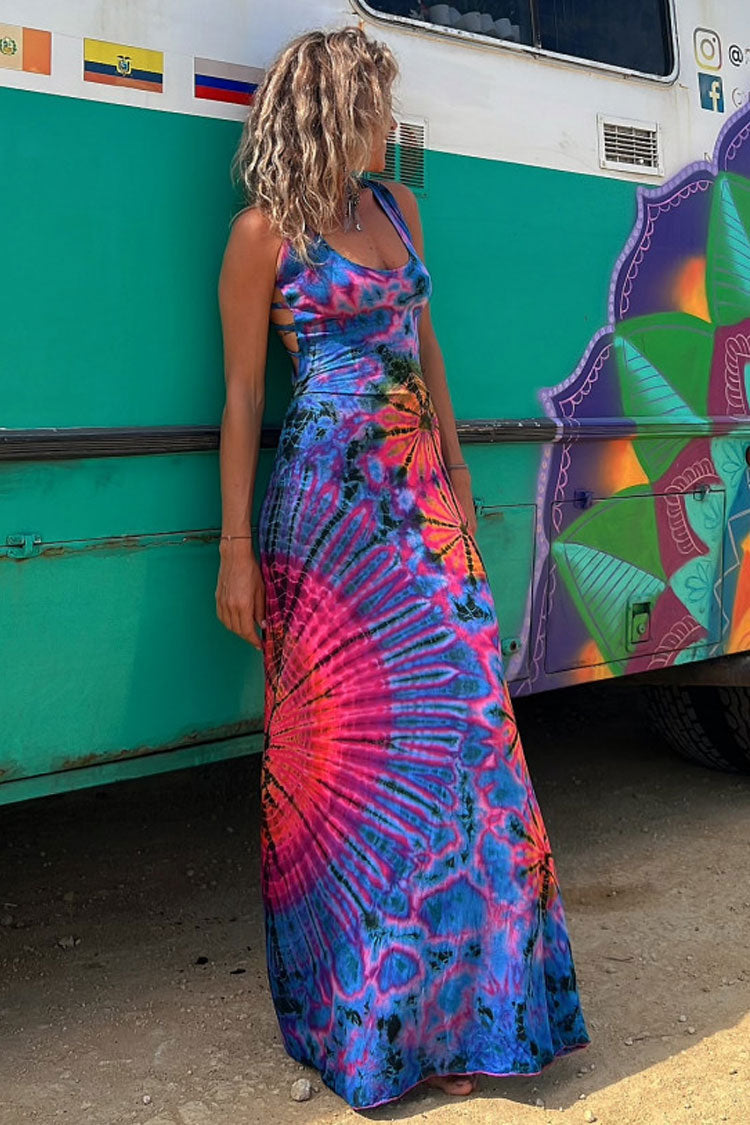 Boho Tie Dye Print Scoop Neck Strappy Cross Back Vacation Maxi Sundress