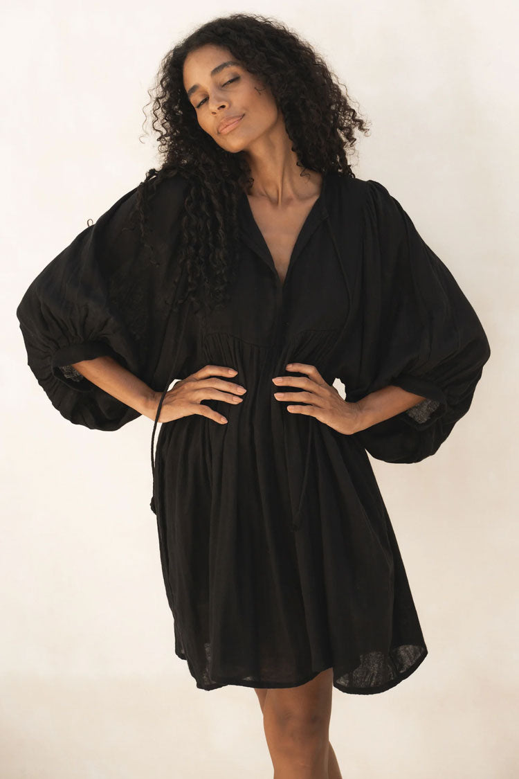 Boho Tie Neck Balloon Sleeve Linen Blend Babydoll Beach Vacation Mini Dress