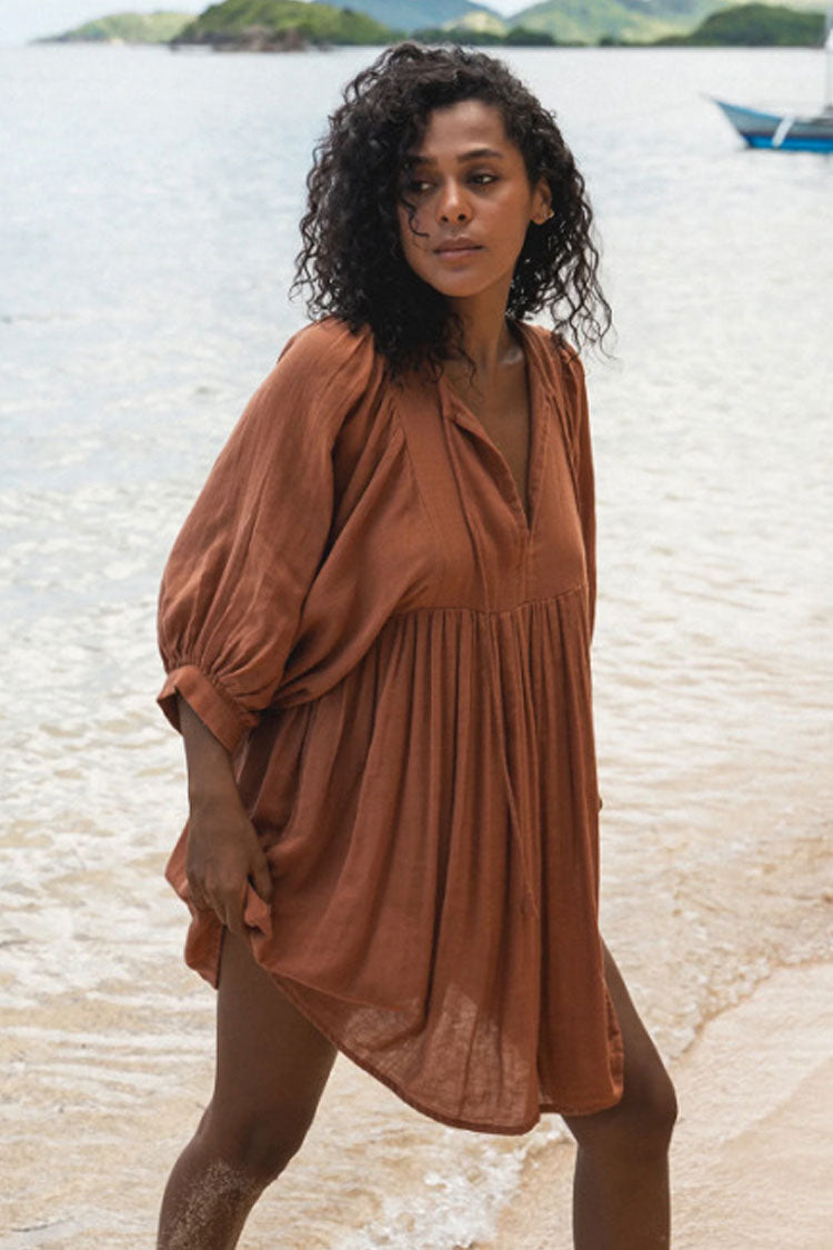 Boho Tie Neck Balloon Sleeve Linen Blend Babydoll Beach Vacation Mini Dress