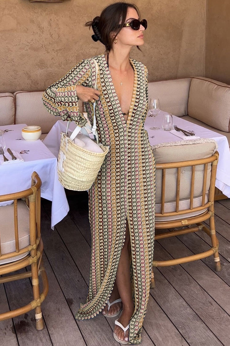 Boho V Neck Bell Sleeve Wavy Striped Crochet Beach Vacation Maxi Dress - Brown  Fashionpara