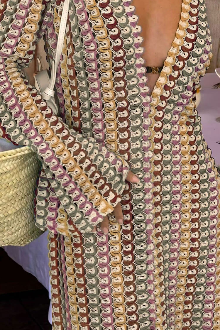 Boho V Neck Bell Sleeve Wavy Striped Crochet Beach Vacation Maxi Dress - Brown  Fashionpara