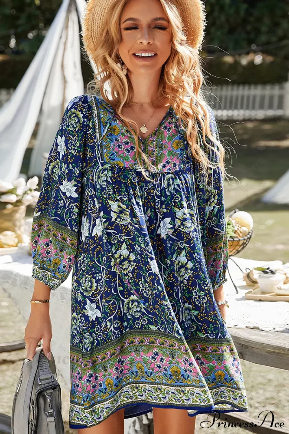 Boho Vintage Floral Print Sundress Navy Blue / S bohodress-250126