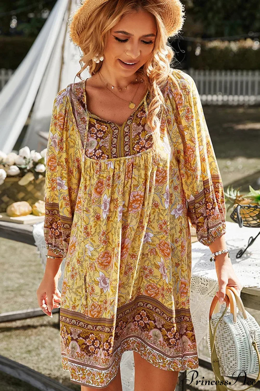Boho Vintage Floral Print Sundress Yellow / S bohodress-250126