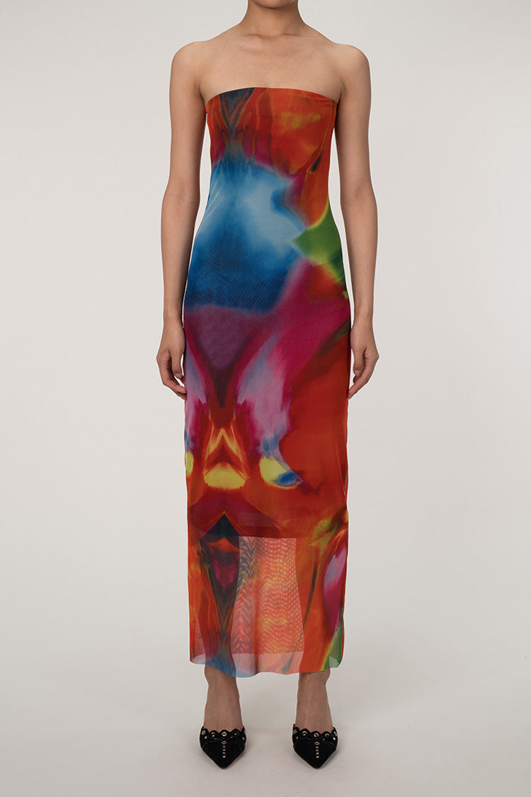 Sexy Bold Abstract Printed Summer Strapless Mesh Maxi Dress - Multicolor Fashionpara