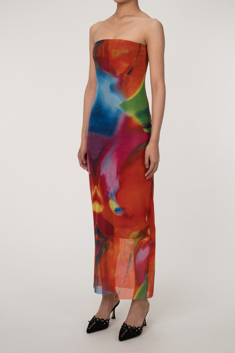 Sexy Bold Abstract Printed Summer Strapless Mesh Maxi Dress - Multicolor Fashionpara