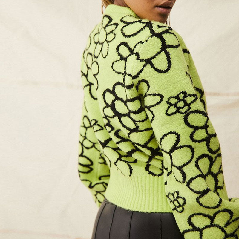 Bold Floral Bishop Sleeve Sweater - Green 2