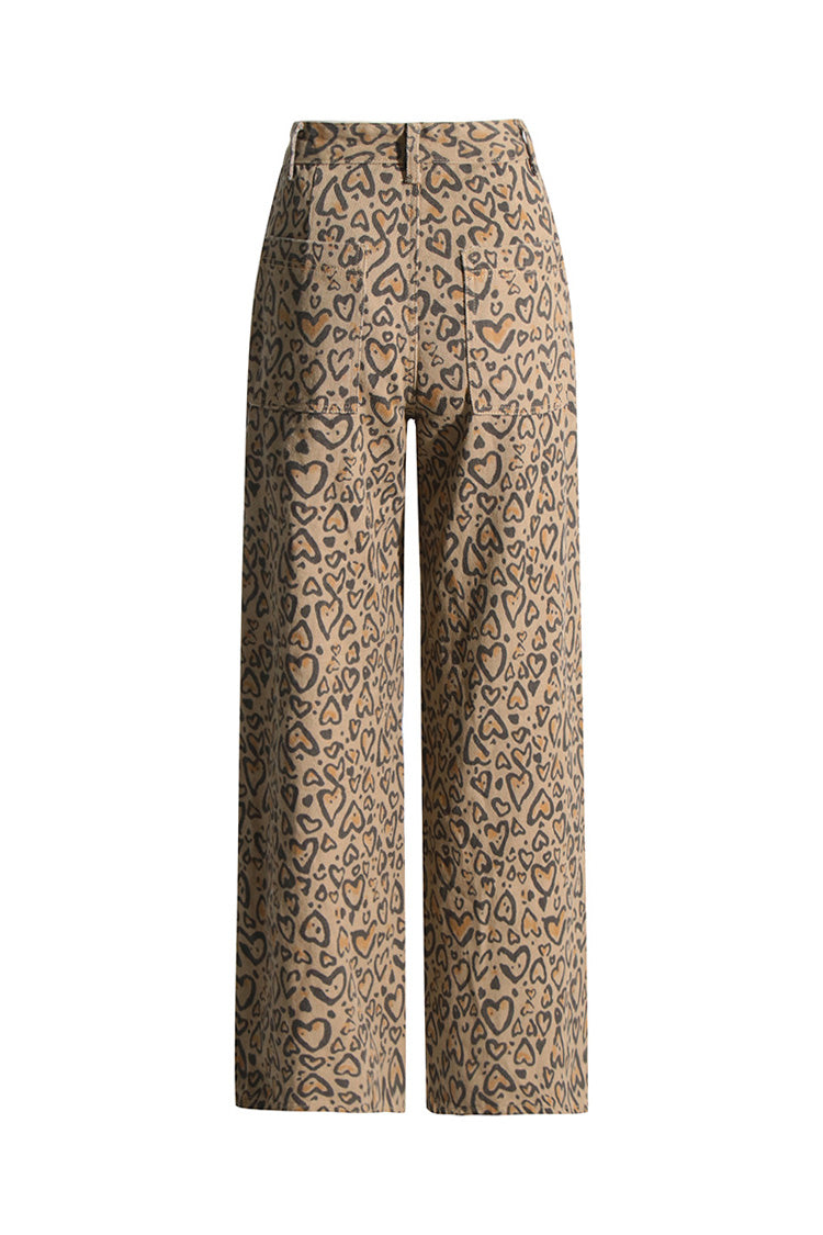 Bold Leopard Heart Rhinestone Pointed Cutout High Waist Straight Leg Jeans - Fashionpara