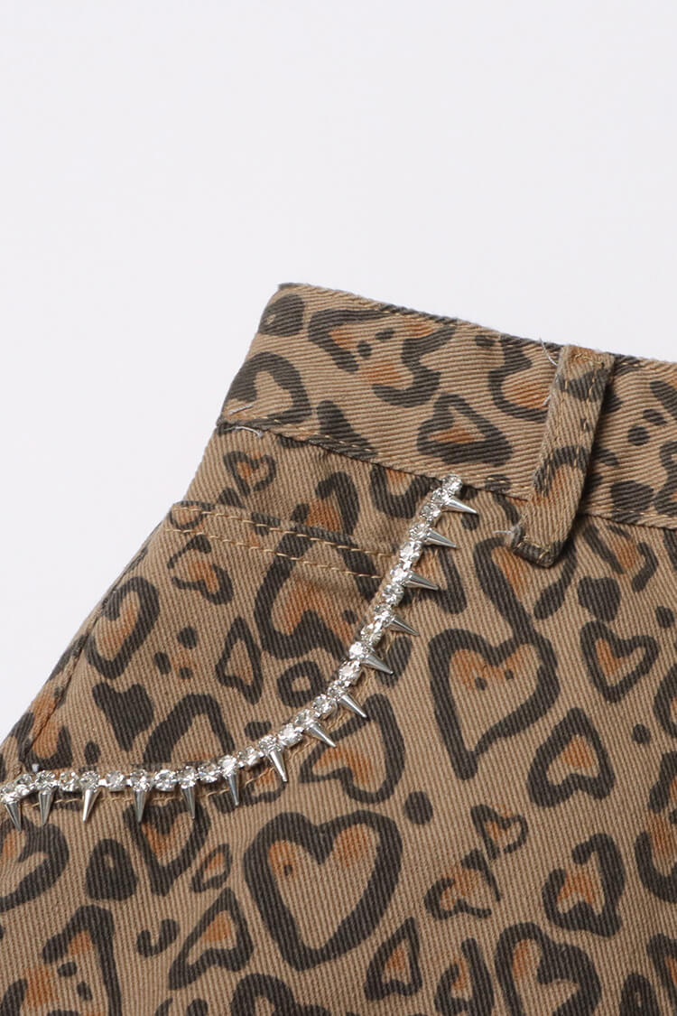 Bold Leopard Heart Rhinestone Pointed Cutout High Waist Straight Leg Jeans - Fashionpara