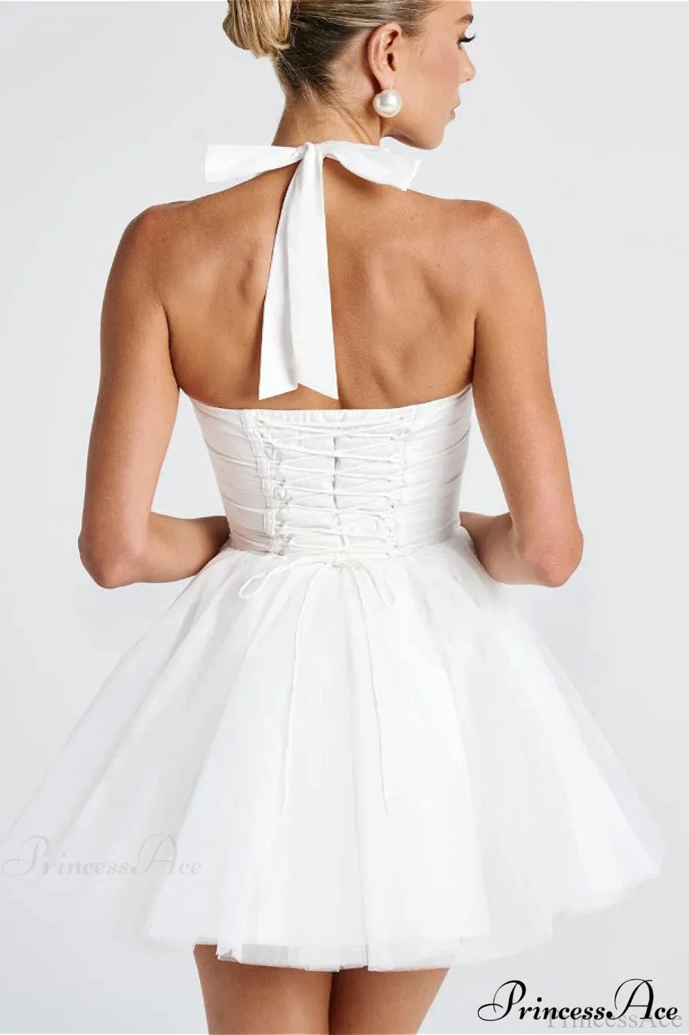 Boned Halter Tie-Back Lace Trim Party Dress