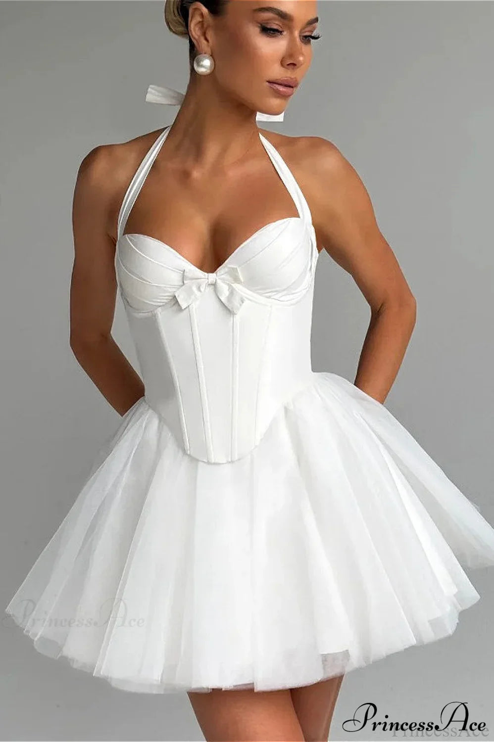 Boned Halter Tie-Back Lace Trim Party Dress White / S