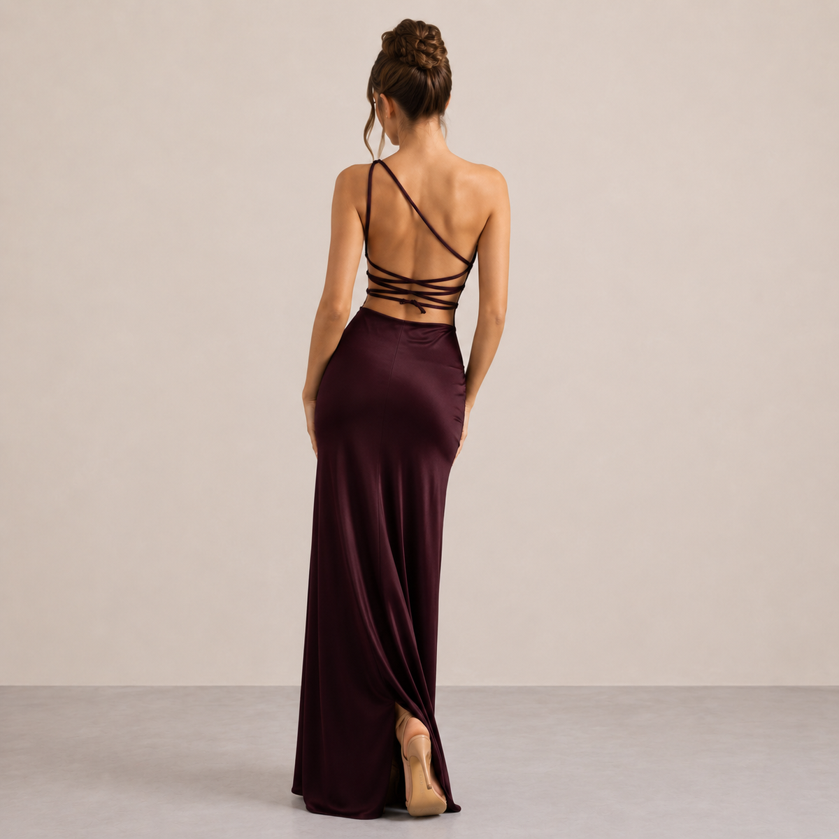 Satin One Shoulder Cowl Neck High Split Maxi Dress 11