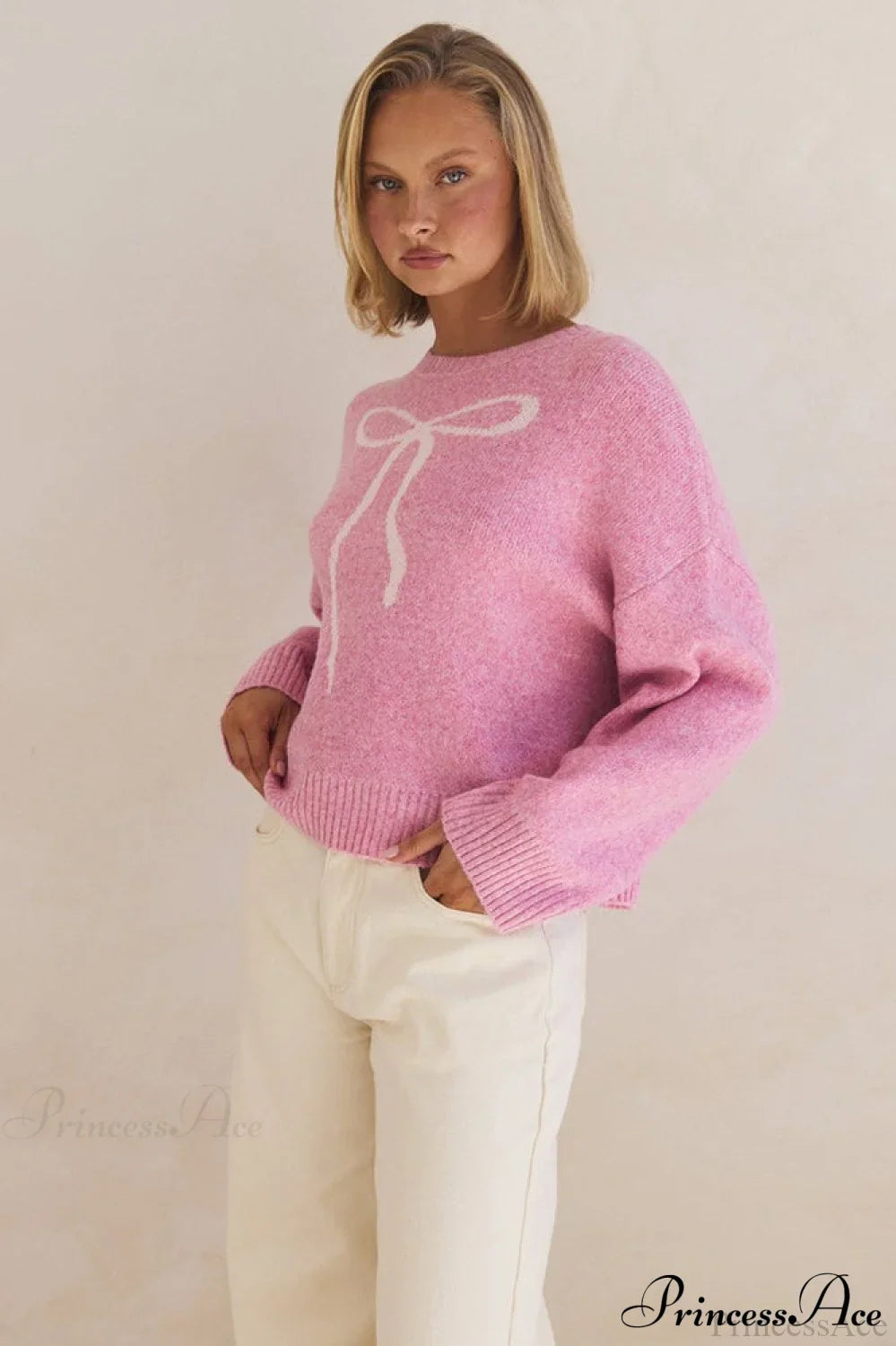 PrincessAce Bow Jacquard Casual Crew-Neck Sweater