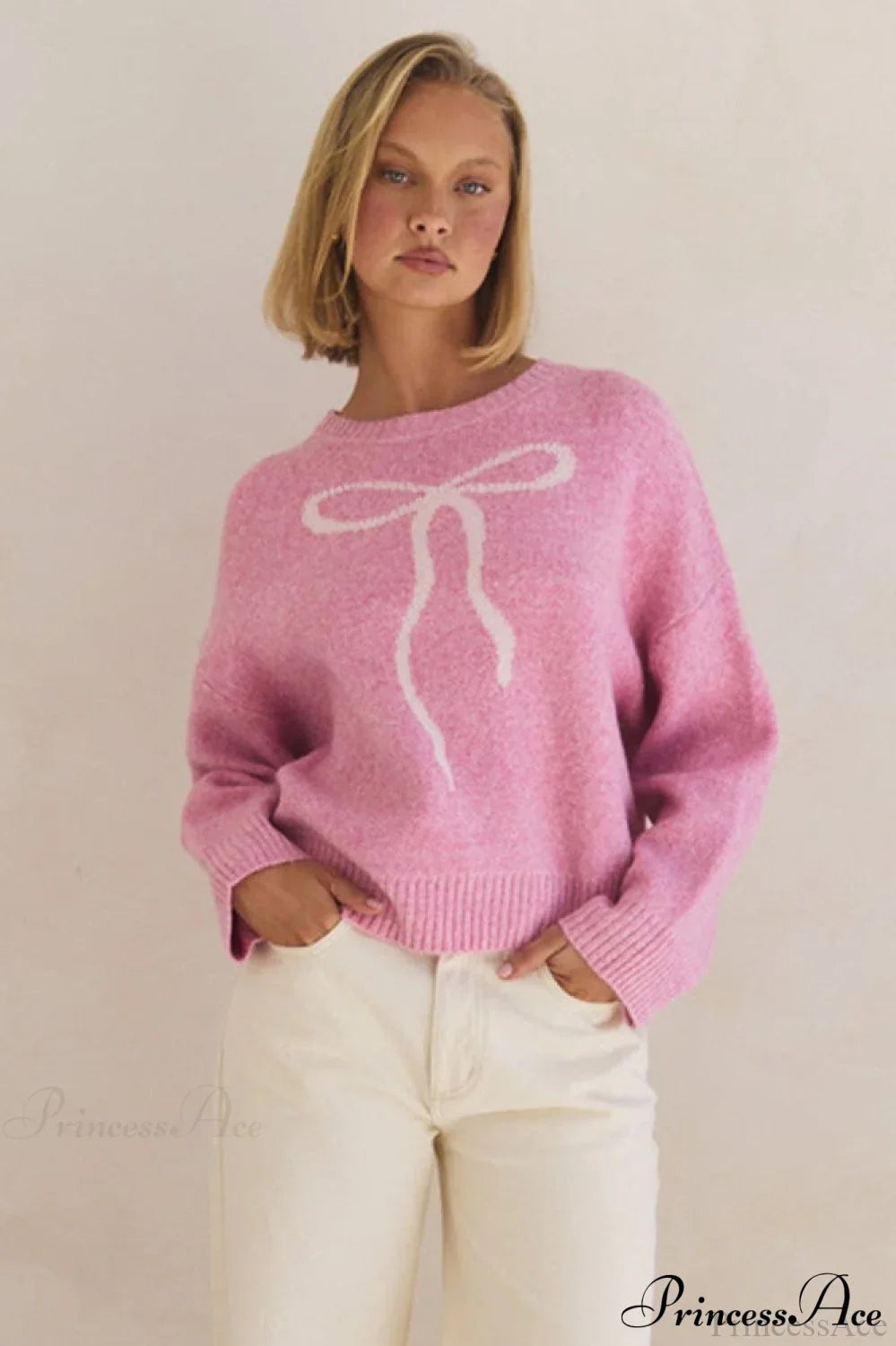 PrincessAce Bow Jacquard Casual Crew-Neck Sweater