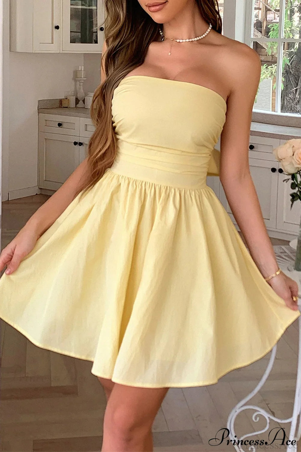Bow Tie Elegant Ladylike Strapless Party Dress Yellow / S