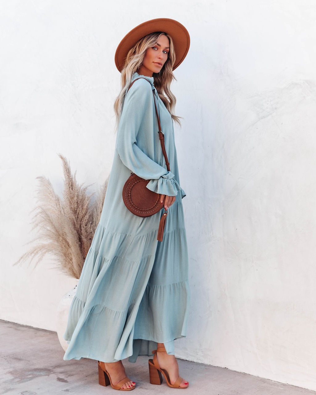 V-Neck Long Sleeve Tiered Maxi Dress