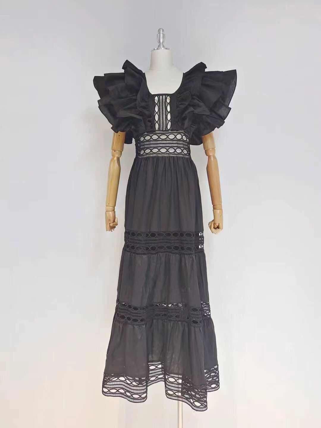 Crochet Trim Ruffle Cap Sleeve Tiered Maxi Dress