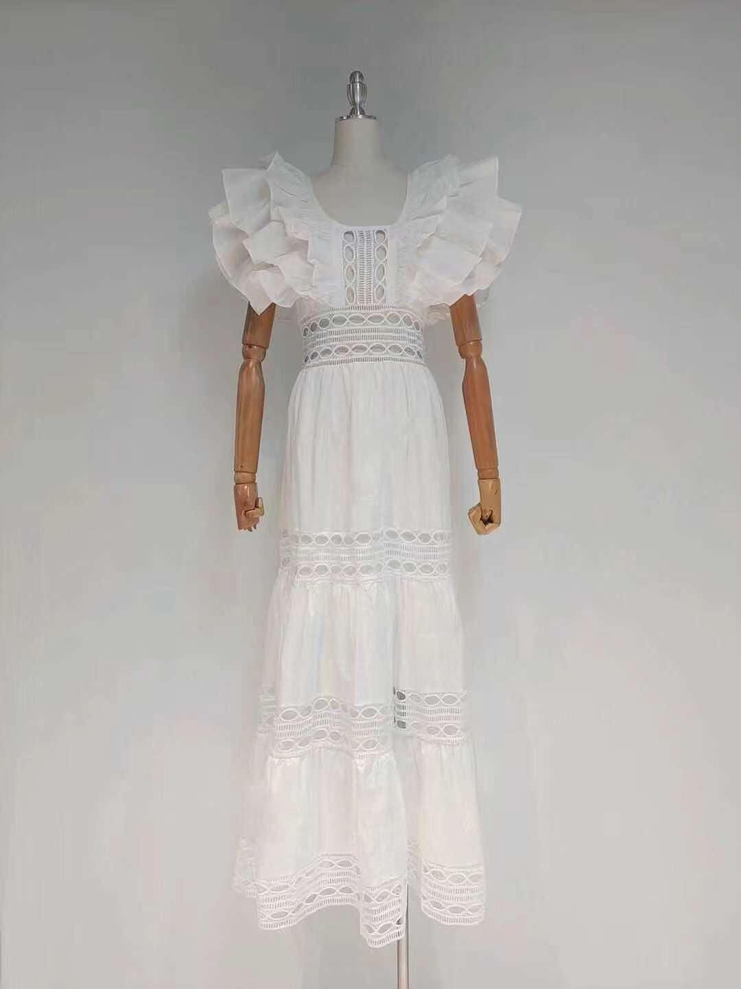 Crochet Trim Ruffle Cap Sleeve Tiered Maxi Dress
