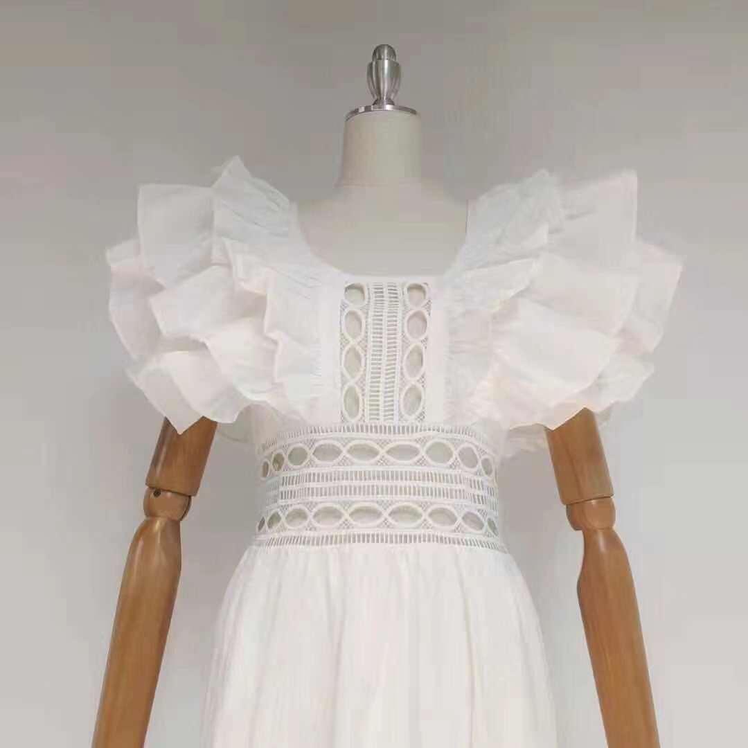 Crochet Trim Ruffle Cap Sleeve Tiered Maxi Dress