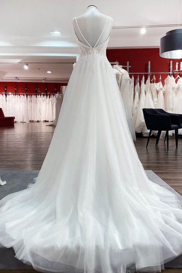 Breath-taking Tulle V Neck Sequins Ruffles A-Line Wedding Dresses - Fashionpara