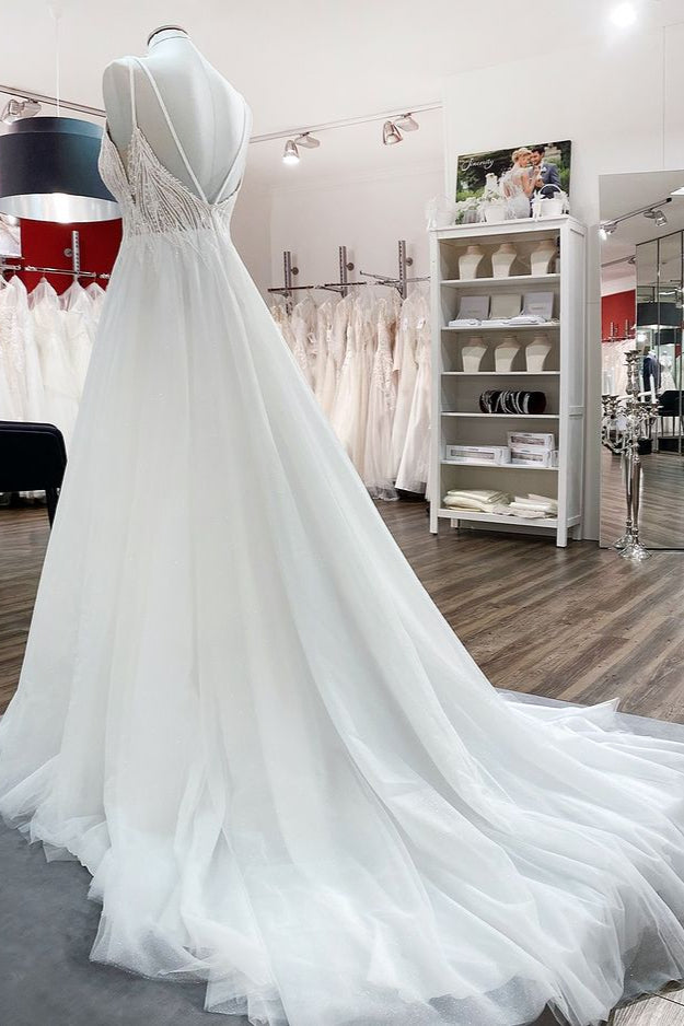 Breath-taking Tulle V Neck Sequins Ruffles A-Line Wedding Dresses - Fashionpara