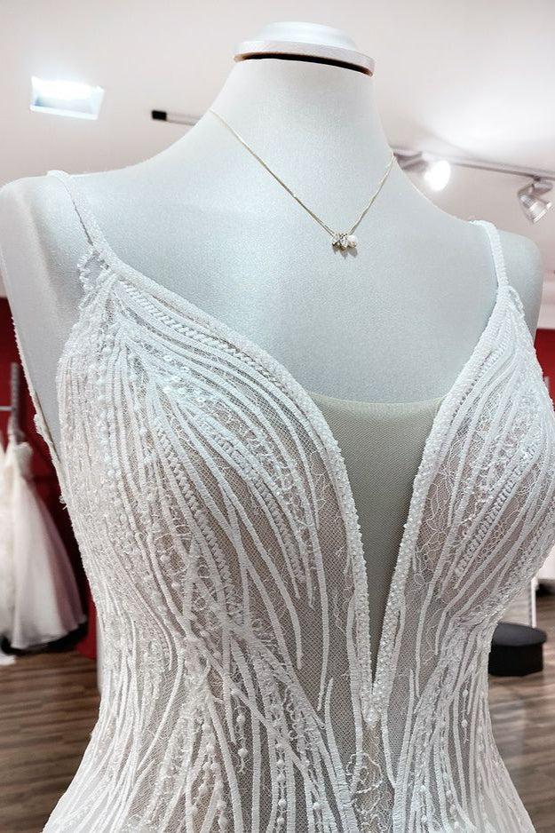 Breath-taking Tulle V Neck Sequins Ruffles A-Line Wedding Dresses - Fashionpara