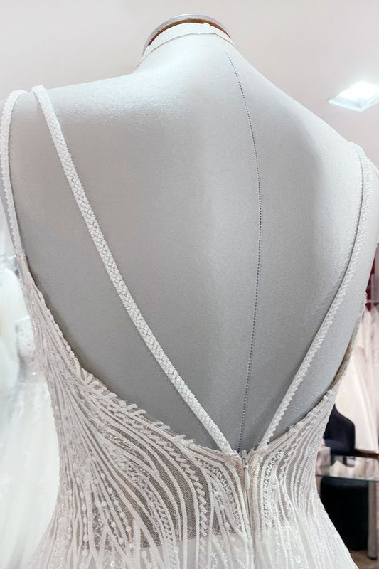 Breath-taking Tulle V Neck Sequins Ruffles A-Line Wedding Dresses - Fashionpara