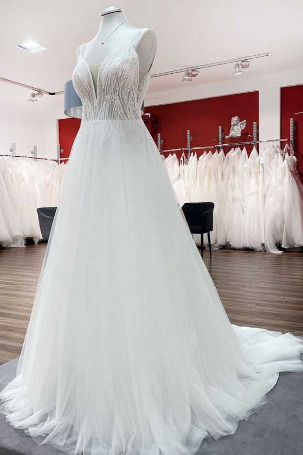 Breath-taking Tulle V Neck Sequins Ruffles A-Line Wedding Dresses - Fashionpara