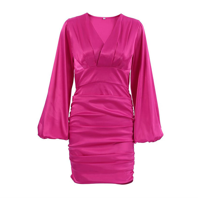 Satin V Neck Bishop Sleeve Ruched Bodycon Mini Dress 4