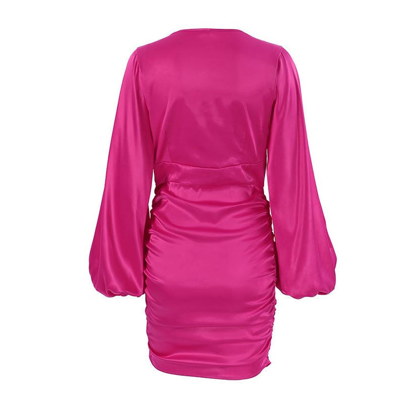 Satin V Neck Bishop Sleeve Ruched Bodycon Mini Dress 5