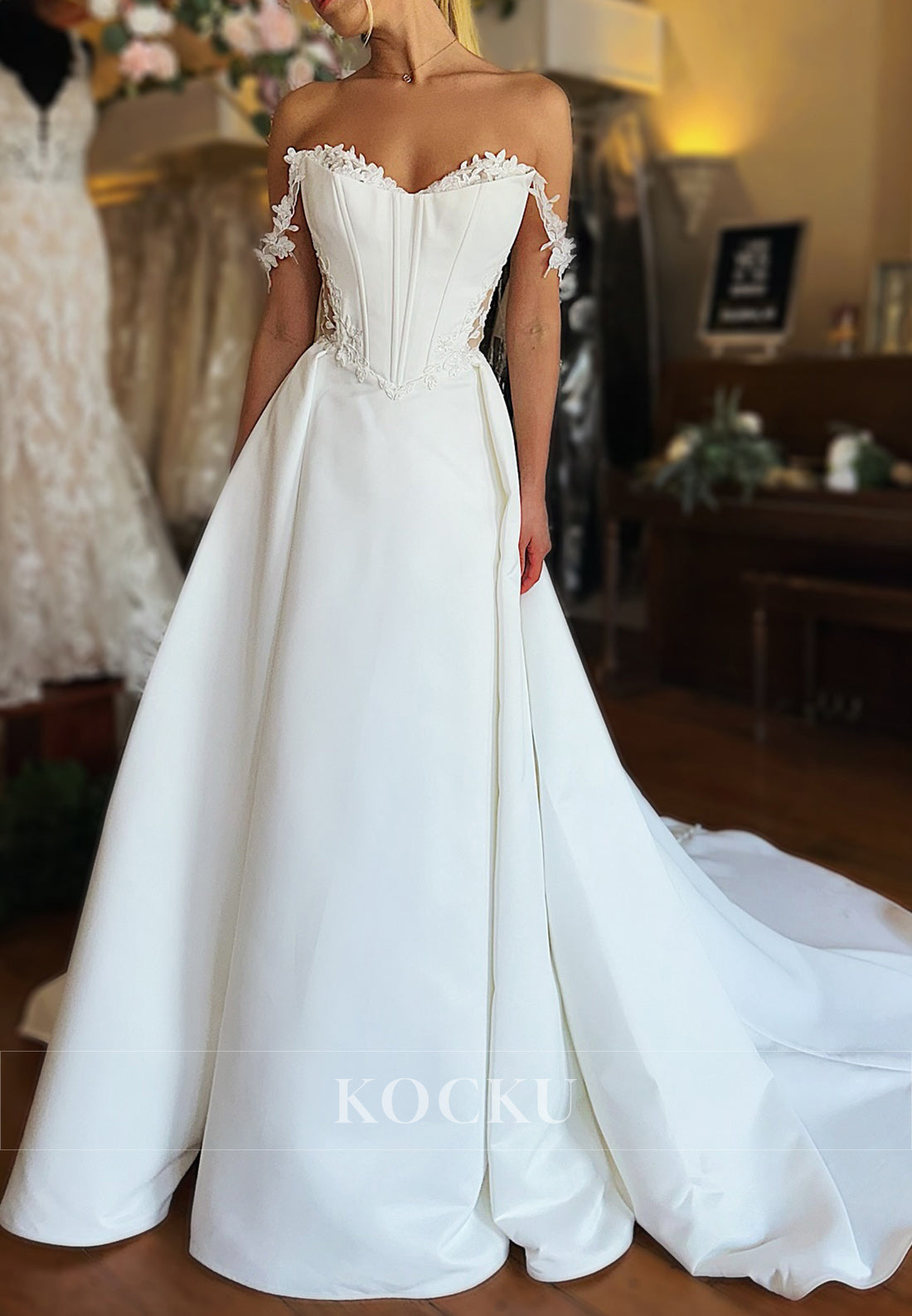 Romantic Off - Shoulder Ball Gown Wedding Dress with Lace Accents and Sheer Back