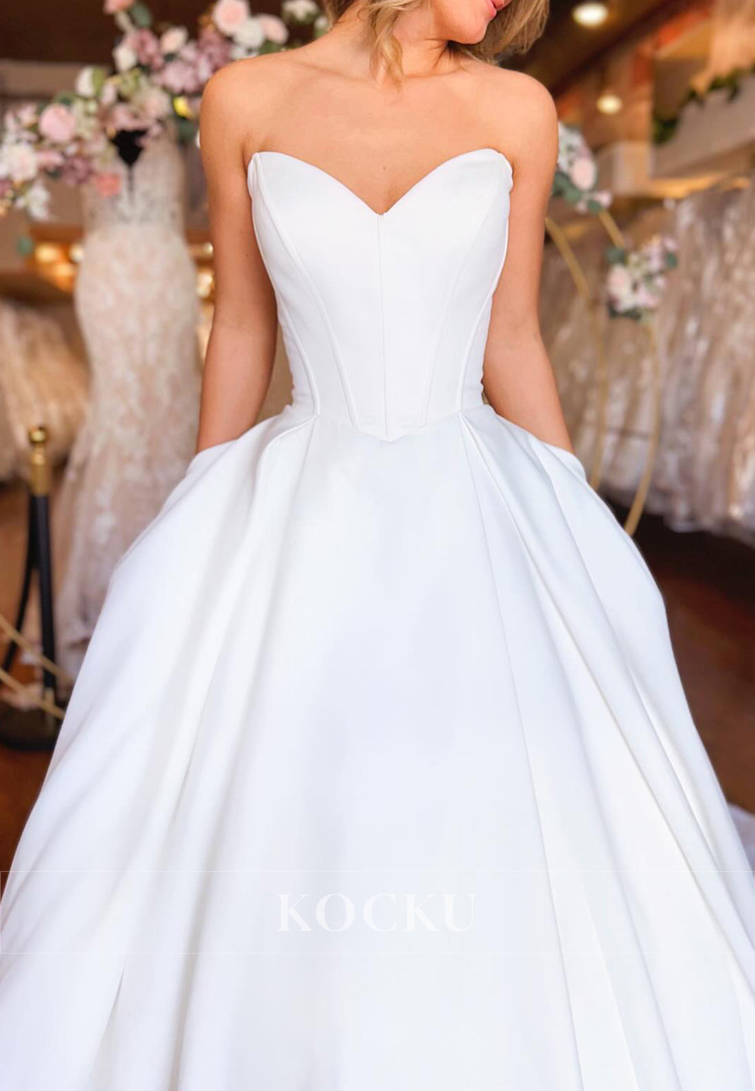 Sweetheart Ball Gown Wedding Dress with Satin Fabric and Button Train