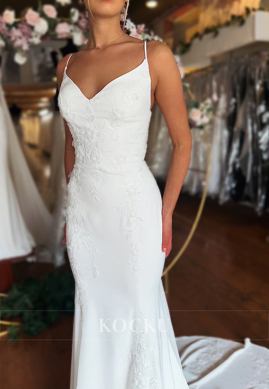 Elegant Spaghetti Strap Mermaid Wedding Dress with Lace, Open Back Bow & Train