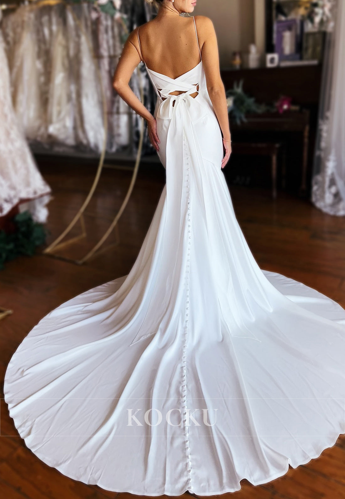 Spaghetti Strap Mermaid Wedding Dress with Open Back Bow and Train