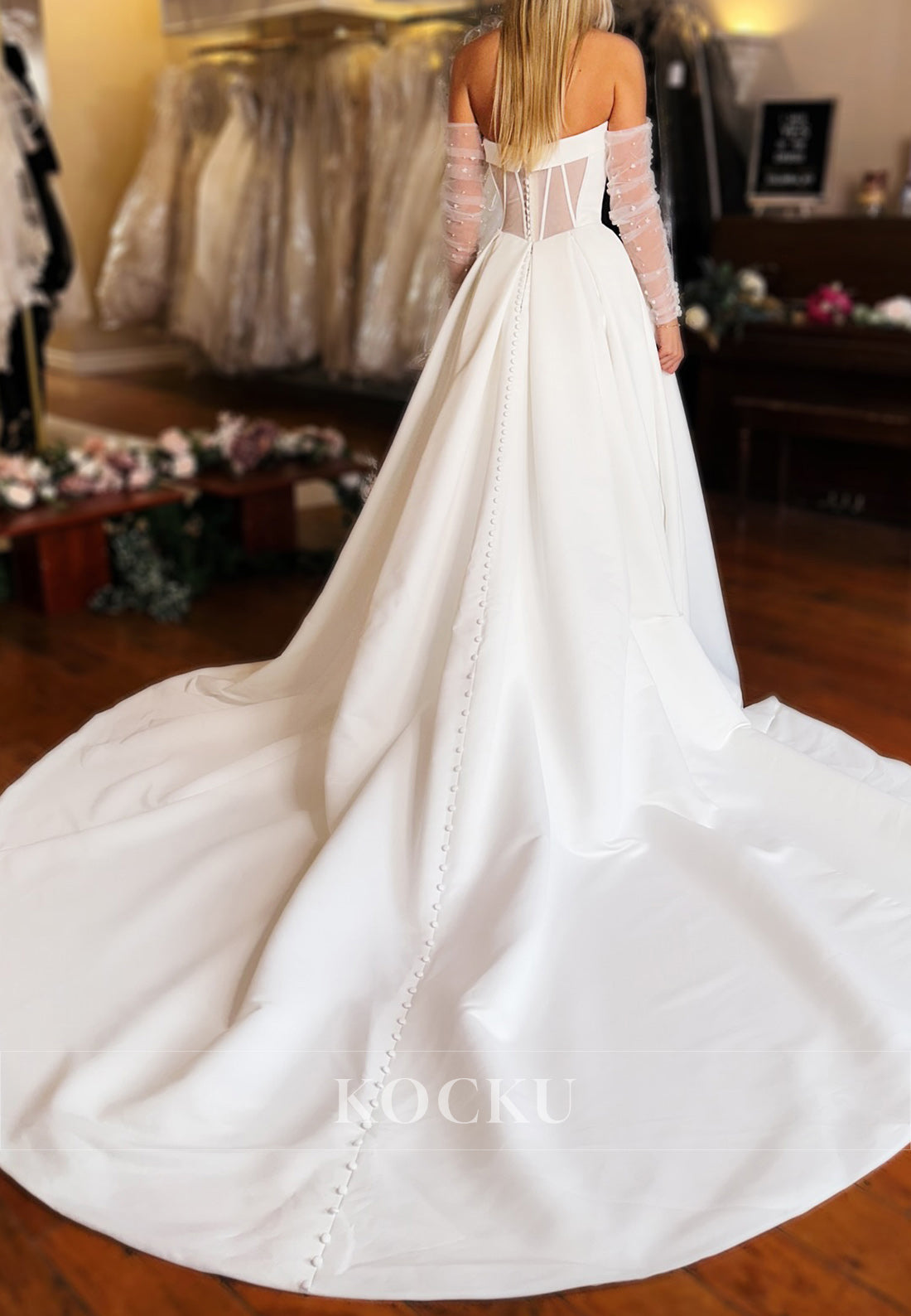 Strapless Ball Gown Wedding Dress with Sheer Long Sleeves, High Slit & Sheer Back