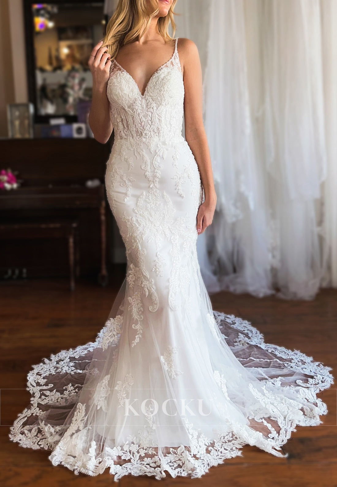 Spaghetti Strap Mermaid Wedding Dress with Lace, Sheer Train & Open Back