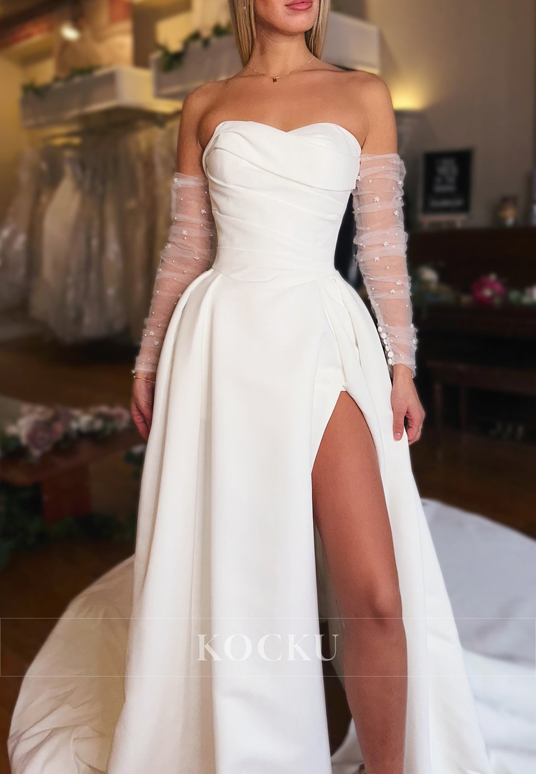 Strapless Ball Gown Wedding Dress with Sheer Long Sleeves, High Slit & Sheer Back
