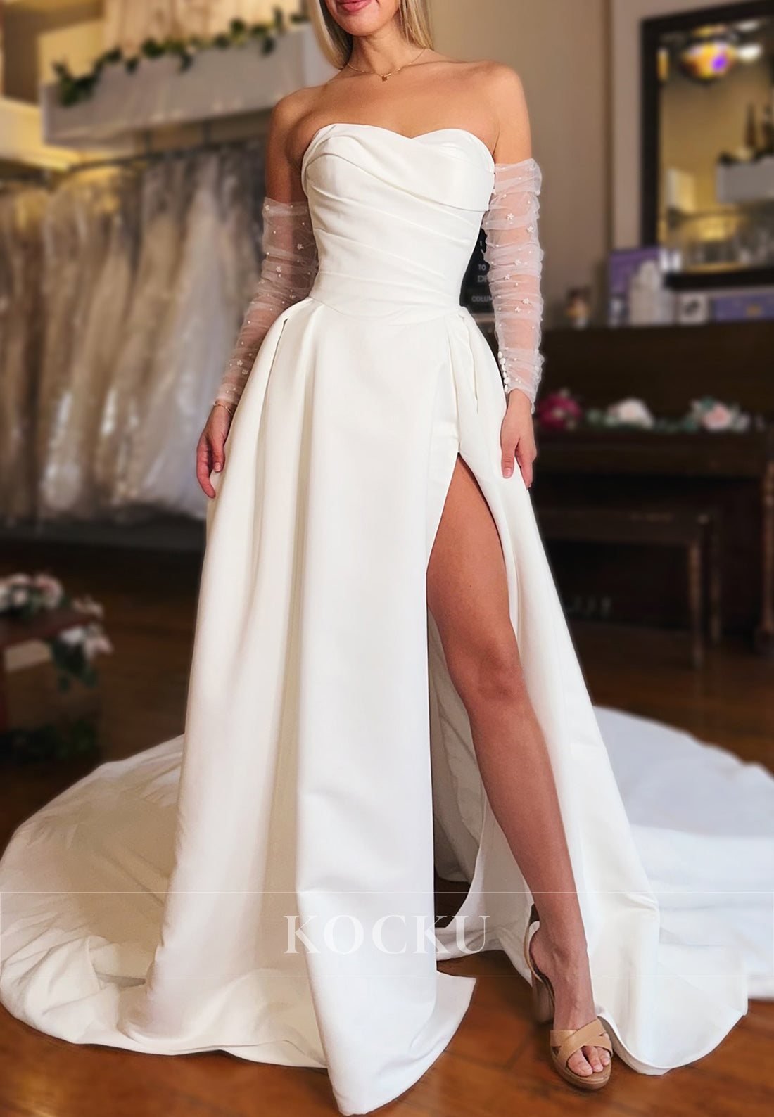 Strapless Ball Gown Wedding Dress with Sheer Long Sleeves, High Slit & Sheer Back