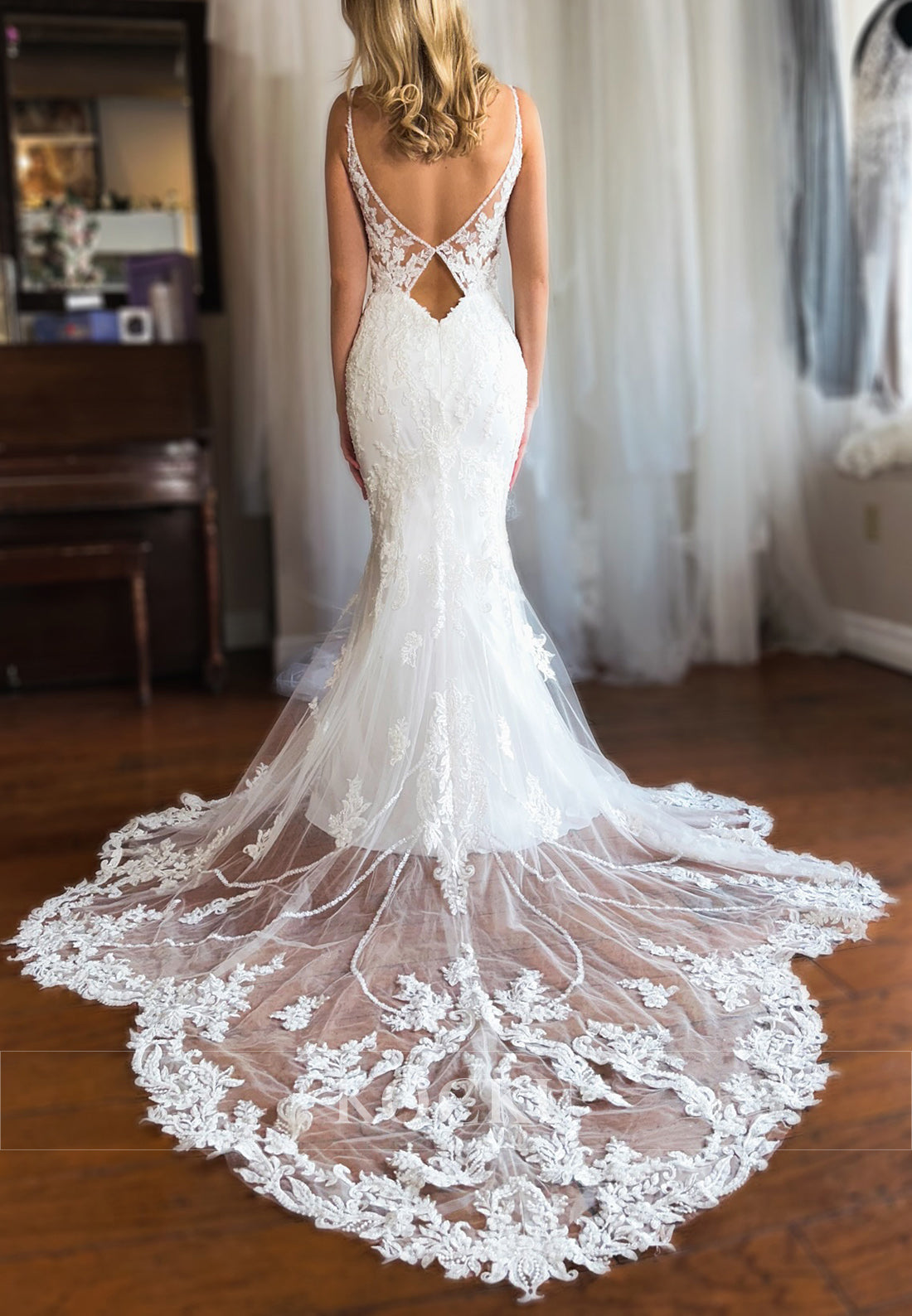 Spaghetti Strap Mermaid Wedding Dress with Lace, Sheer Train & Open Back