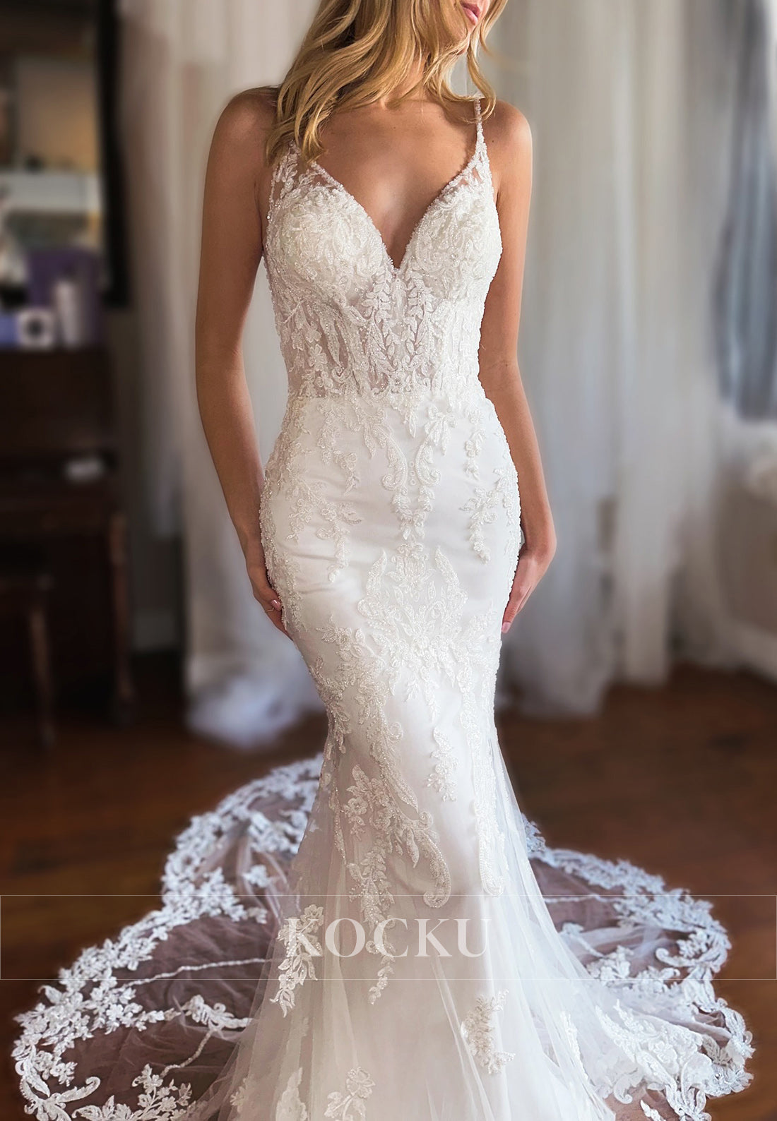 Spaghetti Strap Mermaid Wedding Dress with Lace, Sheer Train & Open Back