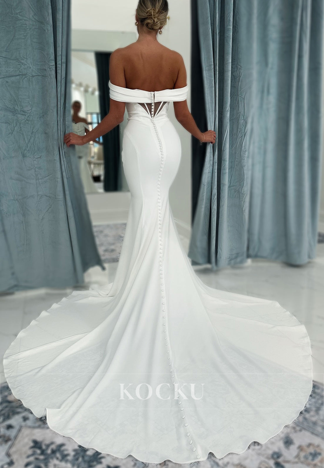 Off - Shoulder Mermaid Wedding Dress with Button Train and Back Cutout