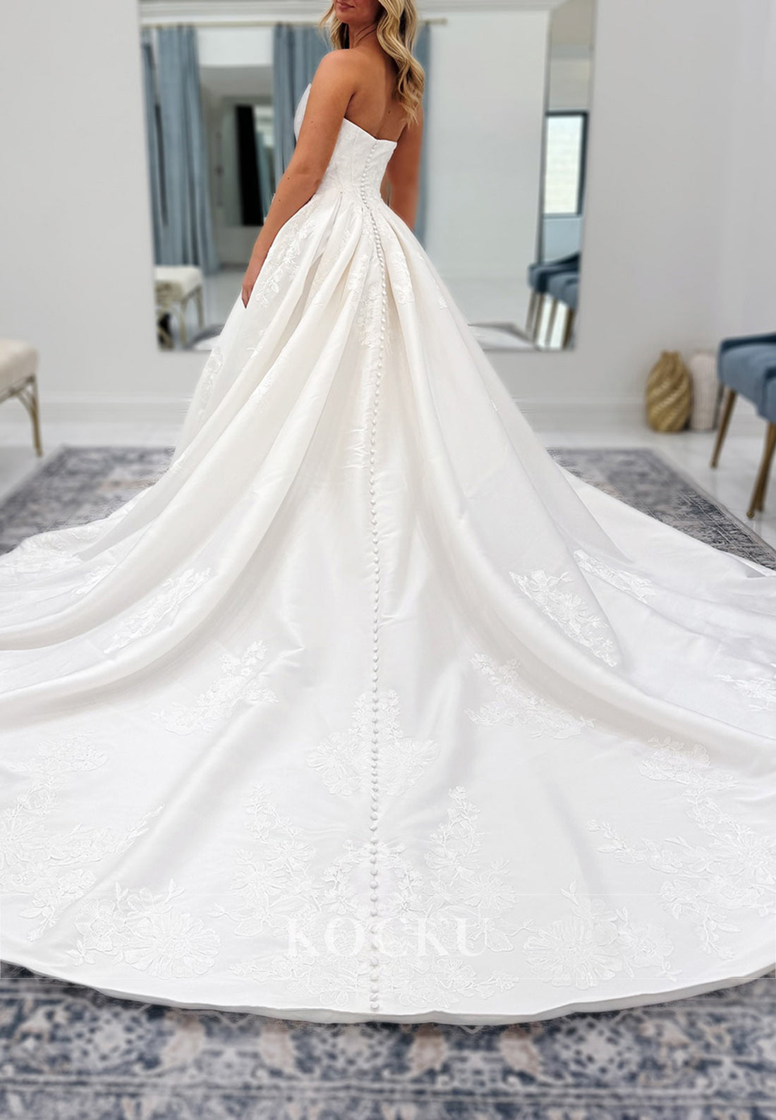 Strapless Ball Gown Wedding Dress with Embroidery and Satin Train