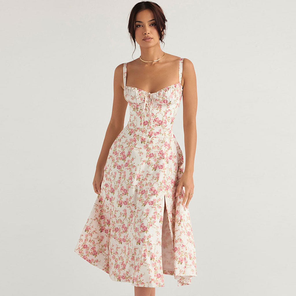 Floral Print Sweetheart Lace-Up Back A-Line Midi Dress 2