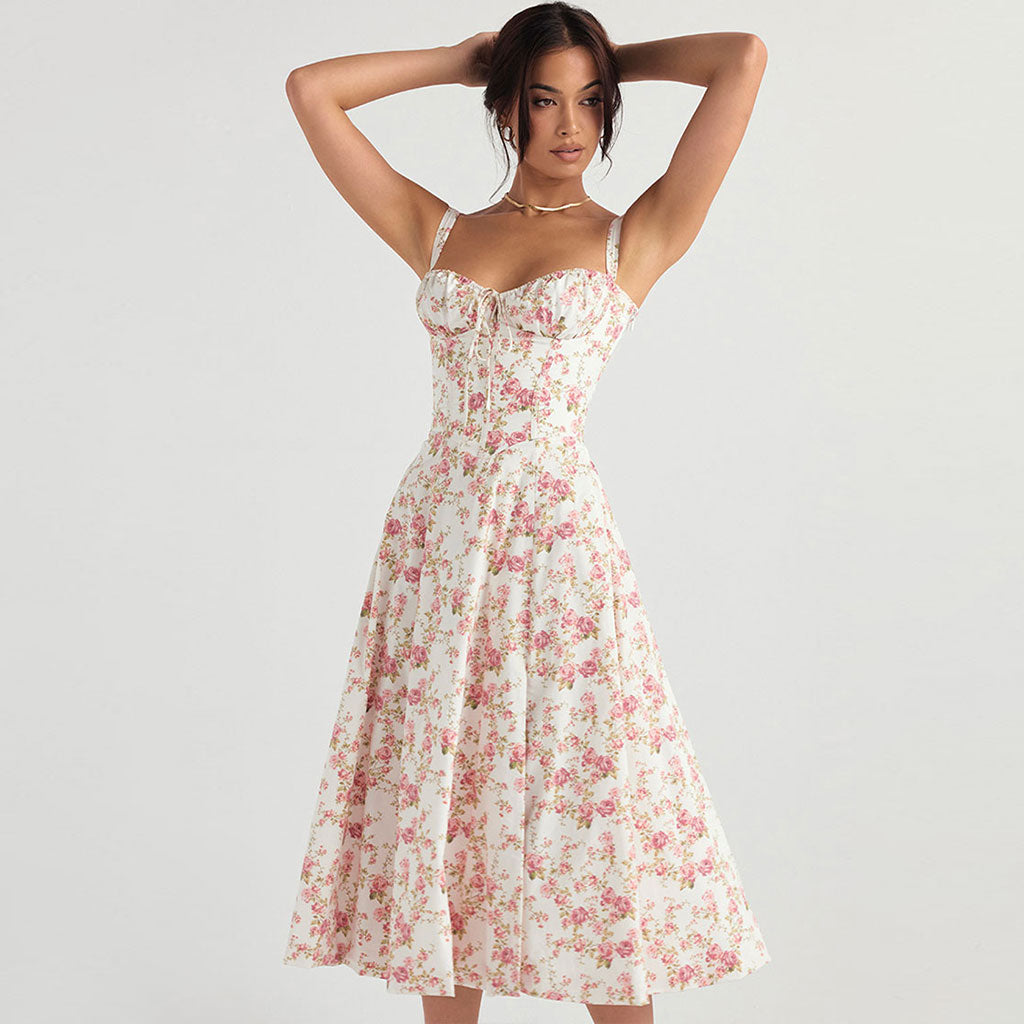 Floral Print Sweetheart Lace-Up Back A-Line Midi Dress