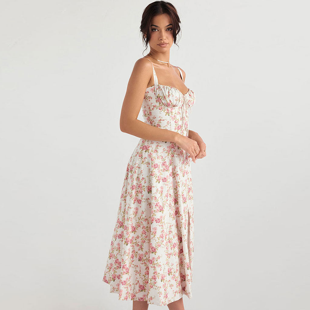 Floral Print Sweetheart Lace-Up Back A-Line Midi Dress 3