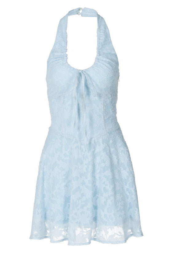 Breezy Halter Bow Tie Drop Waist Jacquard Floral Vacation Mini Dress