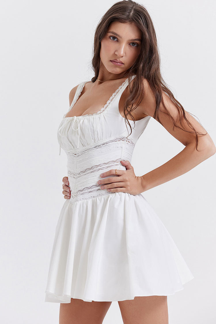 Breezy Lace Trim Square Neck Fit & Flare Summer Mini Sundress - White Fashionpara