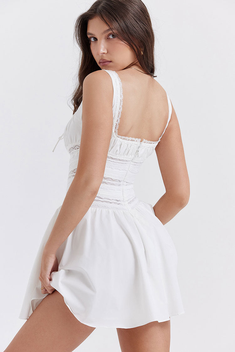 Breezy Lace Trim Square Neck Fit & Flare Summer Mini Sundress - White Fashionpara