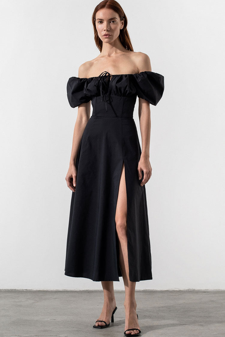 Tie Front Puff Sleeve Off Shoulder Split Fit Flare Midi Dress