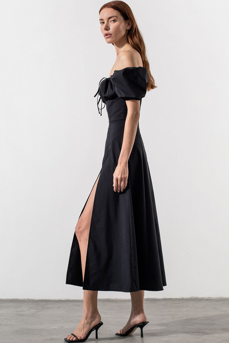 Tie Front Puff Sleeve Off Shoulder Split Fit Flare Midi Dress 2